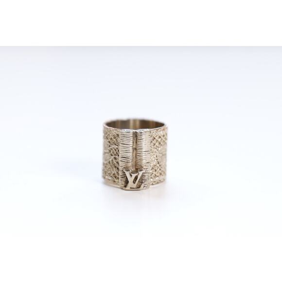 Louis Vuitton "Bijoux Fantaisie" Vintage Gold Tone LV Logo Mesh Wide Ring - Picture 9 of 12